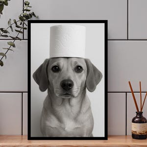 Funny dog poster for the guest bathroom – dog with a toilet paper roll on its head – funny bathroom decoration for moving in, bathroom decoration, gift
