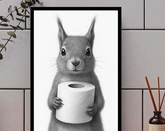 Moving gifts: Bathroom poster squirrel with toilet paper roll guest toilet decoration bathroom pictures hamster housewarming gift, funny