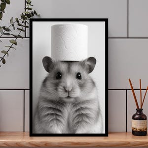 Moving gifts: Bathroom poster hamster with toilet paper roll on the head guest toilet decoration bathroom pictures hamster housewarming gift