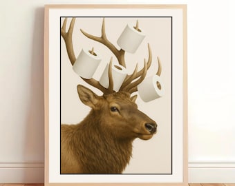 Póster divertido de alce para el baño de invitados: decoración divertida con astas de papel higiénico | Arte mural humorístico | Idea de regalo para amigos y familiares