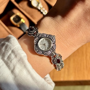 VINTAGE AVON ✨ Silver Marcasite Filigree Cuff Watch Sterling Silver Marcasite Filigree Bangle Watch, Thailand  main image 4