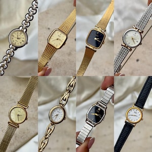May include: A collection of eight vintage Seiko quartz wristwatches featuring various designs, including gold-tone and silver-tone metal link bracelets, mesh bands, and leather straps, with round or square cases and diverse dial colors like white, gold, and black.
