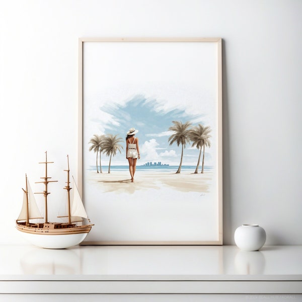 Elegant Woman's Beach Walk Illustration Poster | Printable Chic Seaside Watercolor Scene | Sophisticated Coastal Feminine Art Print