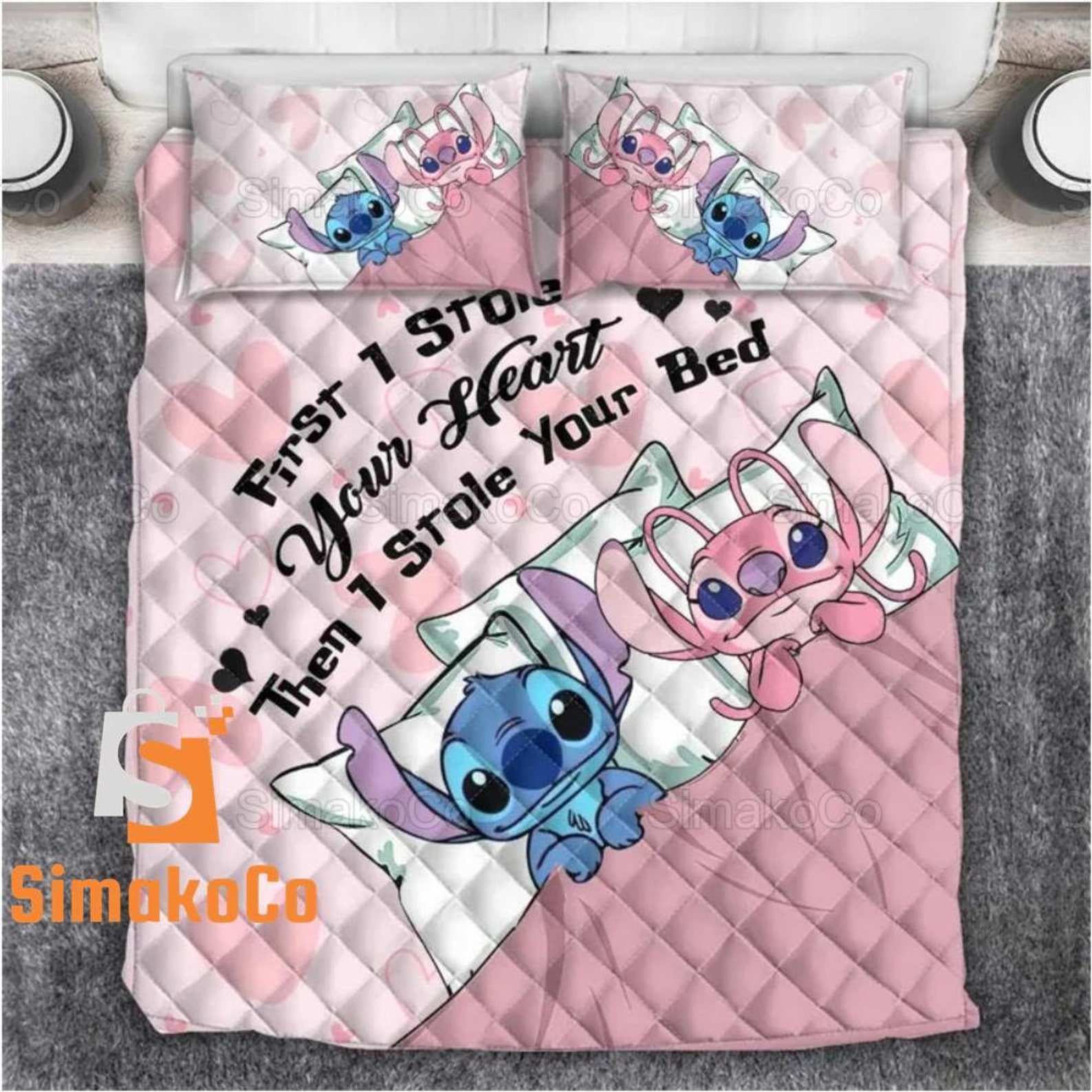 Stitch and Angel Quilt Bed Set, Stitch Bed Quilt, Stitch Angel Decor, Stitch Bedroom Decor