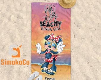 Minnie Mouse Beach Towel, Custom Beach Towel, Minnie Bath Towel, Minnie Towel, Disney Minnie Towel, Just A Beachy Kinda Girl Towel