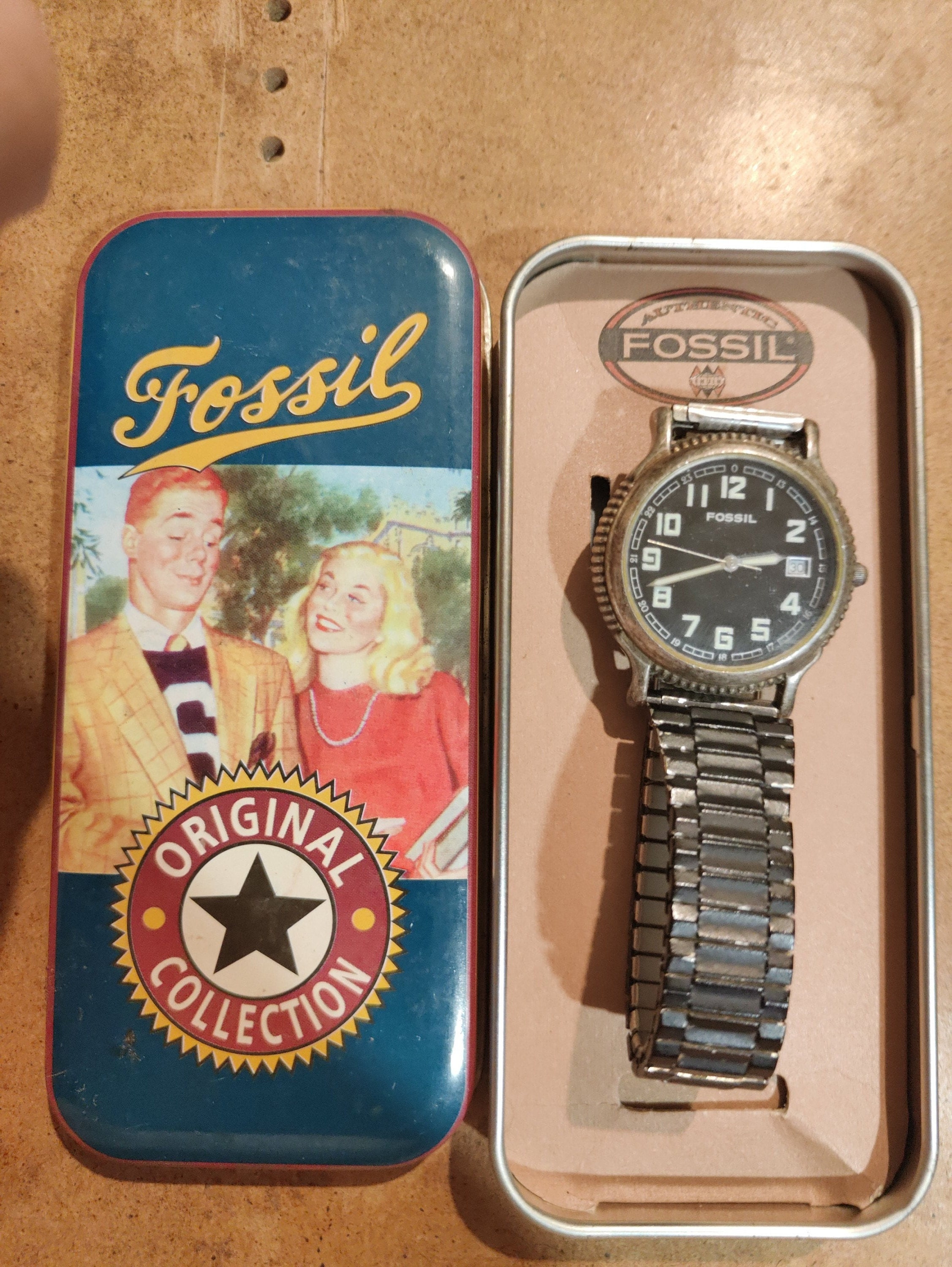 Military Dial Fossil Watch with Original Tin Box