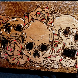 Hand done pyrography Skull Box