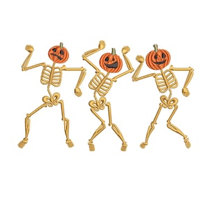 May include: Three skeletons with pumpkin heads are dancing. The skeletons are gold and the pumpkins are orange. The text "4 sizes" is at the top of the image and the text "4, 5, 6, 7 inches" is at the bottom of the image.