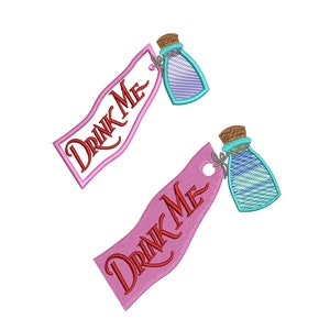 Machine embroidery design file.  Alice in Wonderland inspired &quot;Drink Me&quot;.  2 Different designs. Applique and filled