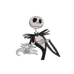 May include: Black and white embroidery design of Jack Skellington from The Nightmare Before Christmas, holding a small, white, skeletal dog. The design is available in two sizes: 4.5 inches.