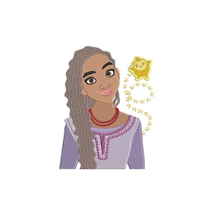 May include: An embroidered design of a woman with long wavy hair, wearing a purple dress and a red necklace. A yellow star-shaped figure is connected to the woman with a string of stars. The text "4 sizes" and "4, 5, 6, 7 inches" are also present.