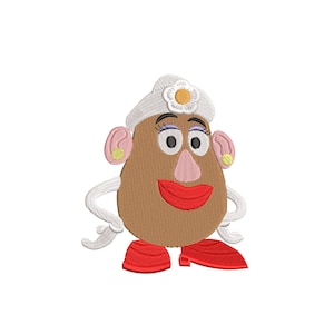 May include: Embroidered design of a cartoon character, Mrs. Potato Head, with a white hat, pink ears, red shoes, and a brown body. The design is available in 5 sizes: 2, 3, 4, 5, and 6 inches.