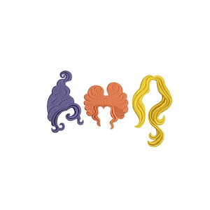 Könnte beinhalten: Drei verschiedene Hexenhaar-Stile in Lila, Orange und Gelb. Die Haarstile sind in sechs Größen erhältlich: 2, 3, 4, 5, 6 und 7 Zoll.