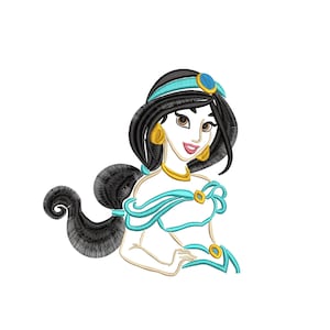 Puede incluir: Diseño bordado de Jasmine de Aladdin de Disney. Lleva un atuendo azul y dorado y tiene el pelo largo y negro. El diseño está disponible en 3 tamaños: 3, 4 y 5 pulgadas.