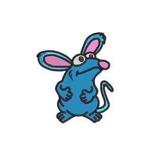May include: Blue cartoon mouse with pink ears and a white eye. The mouse is standing on its hind legs with its arms crossed. The image includes the text "4 sizes" and "3, 4, 5, 6 inches".