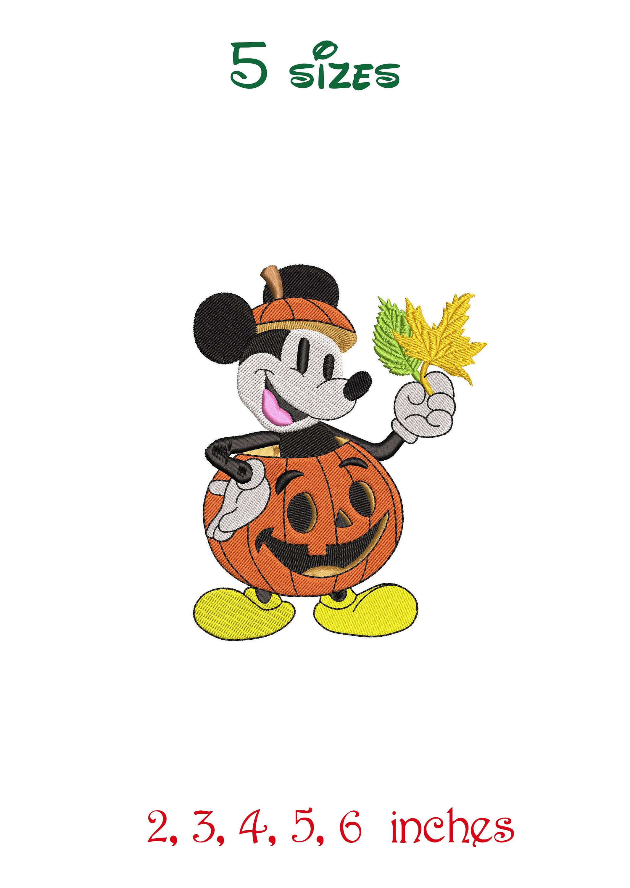 Mickey Mouse in a Pumpkin With Fall Leaves. Machine Embroidery