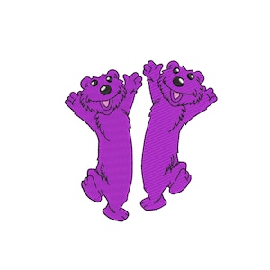 May include: Two embroidered purple bear designs with raised arms and smiling faces. The image includes the text "2 sizes" and "4, 5 inches". The bears are approximately 4 and 5 inches tall.