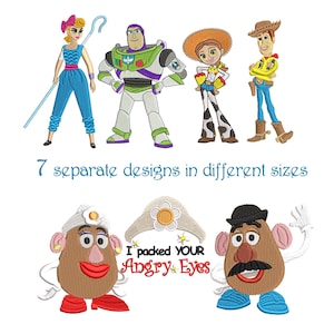 Op de afbeelding: Machinaal borduurontwerpen met Bo Peep, Buzz Lightyear, Jessie, Woody en Mr. en Mrs. Potato Head. De tekst luidt 7 separate designs in different sizes, I packed YOUR Angry Eyes en Suitable for hoops 4:4 and 5:7 in blauwe letters.