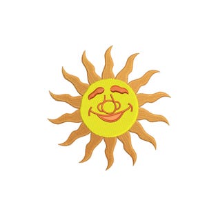 May include: Embroidered sun design with a smiling face and radiating rays. The image includes the text "3 sizes" and "3, 4, 5 inches". The sun is yellow with orange rays and facial features.