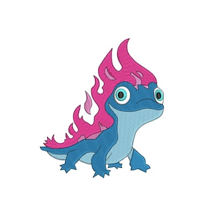 May include: Embroidered design of a blue and pink salamander with a pink flame on its back. The design is available in four sizes: 2.5, 3, 4, and 5 inches.