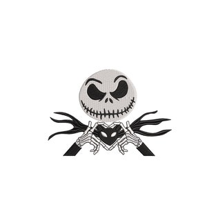 May include: Black and white embroidery design of Jack Skellington from The Nightmare Before Christmas making a heart shape with his hands. The design is available in 5 sizes: 3, 4, 5, 6, and 7 inches.