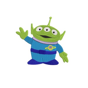 Könnte beinhalten: Grüner Alien-Charakter mit drei Augen, der einen blauen Overall mit einem gelben Ring um die Taille trägt und mit einer Hand winkt. Der Charakter stammt aus der Toy Story-Filmreihe. 4 Größen: 2, 3, 4, 5 Zoll.