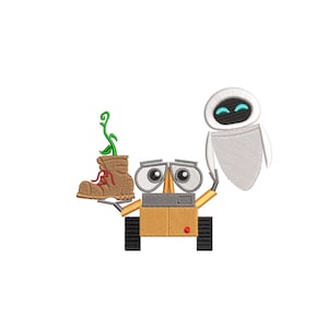 Puede incluir: Diseño bordado de Wall-E y EVE de la película Wall-E. Wall-E está sosteniendo una bota con una planta que crece de ella. EVE está flotando detrás de Wall-E. El diseño está disponible en 3 tamaños: 4, 5 y 6 pulgadas.