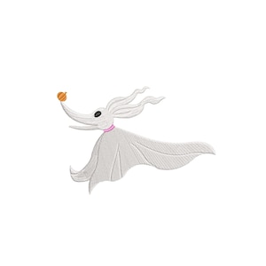 Pode incluir: Personagem de cão fantasma branco com uma coleira rosa, segurando uma abóbora laranja. O personagem está voando pelo ar. O texto da imagem diz "5 tamanhos 3, 4, 5, 6, 7 polegadas".