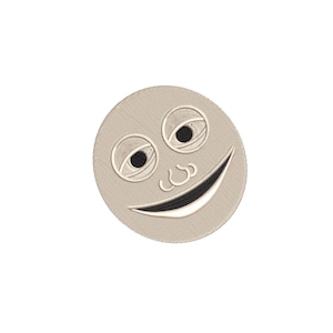 May include: Embroidered beige circle with a smiling face design. The face has two eyes, a nose, and a wide smile. Text at the top reads "5 sizes" and text at the bottom reads "1.5, 2, 3, 4, 5 inches".