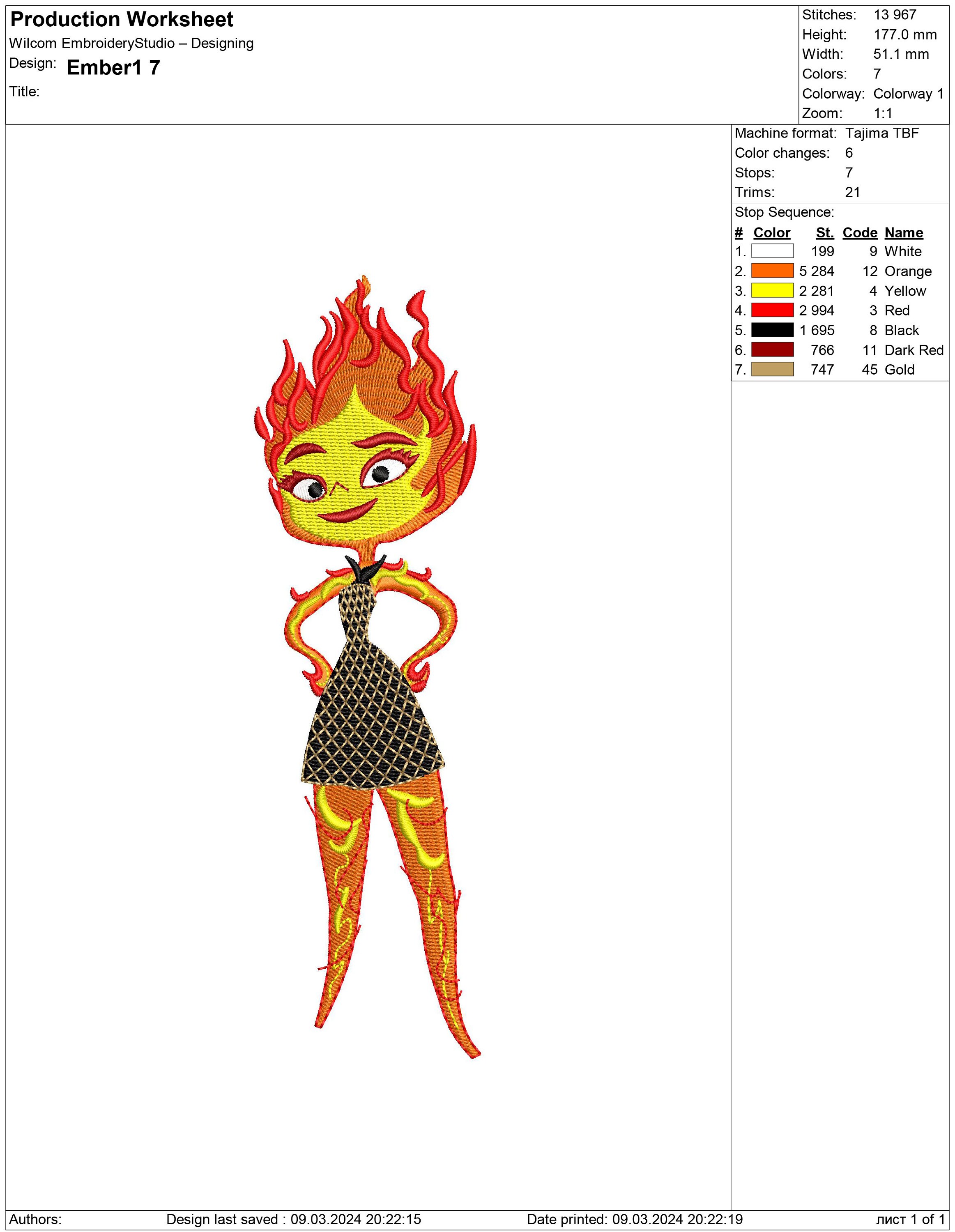 Elemental Inspired, Ember, Fire, Fire Girl. Machine Embroidery
