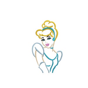 May include: Line art embroidery design of Cinderella with blonde hair, a blue headband, and a blue dress. The design is available in four sizes: 4, 5, 6, and 7 inches.