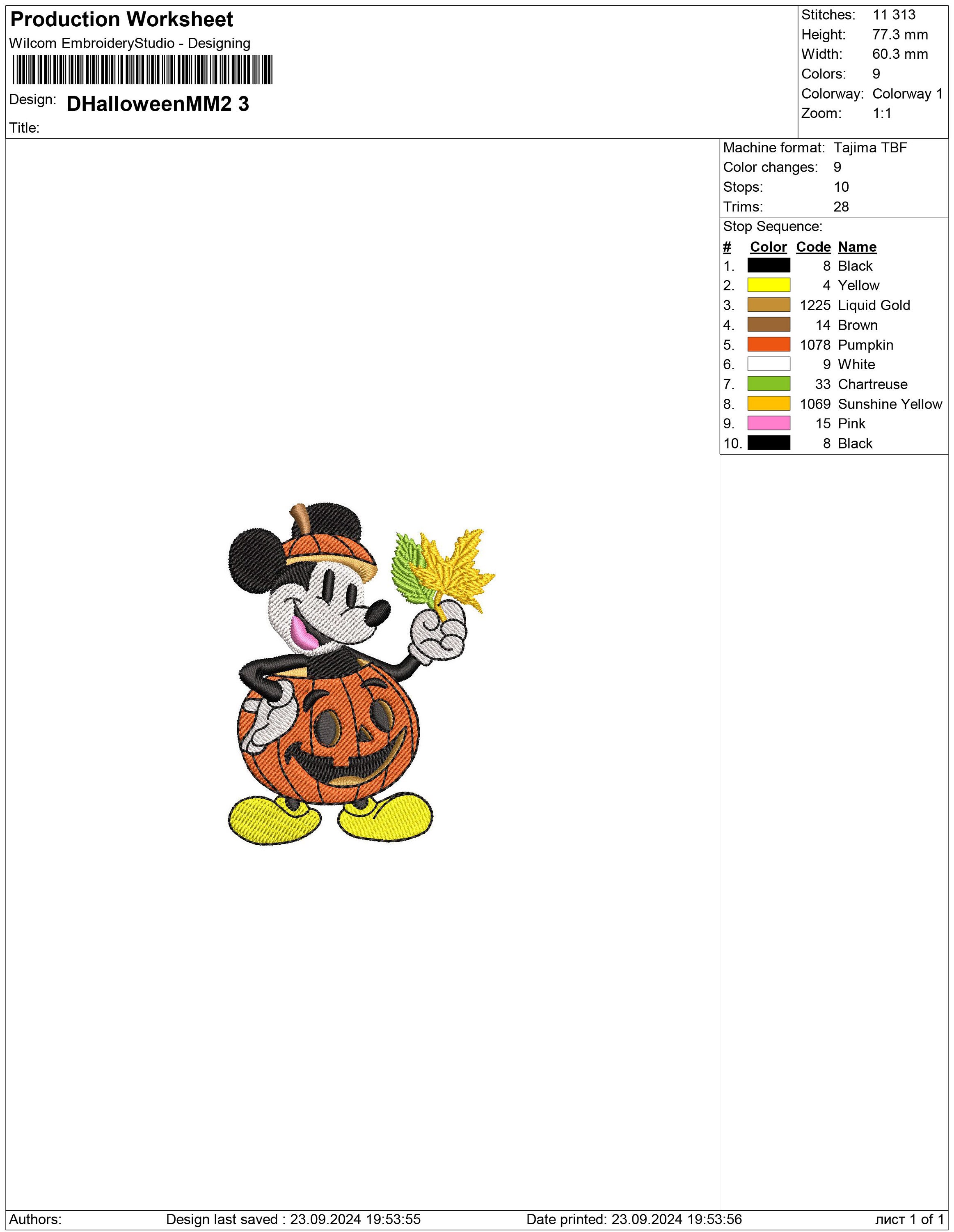 Mickey Mouse in a Pumpkin With Fall Leaves. Machine Embroidery