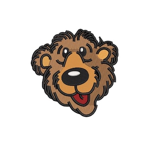 May include: A cartoon bear face embroidery design with brown fur, black outlines, and a red tongue. The design is available in 4 sizes: 2, 3, 4, and 5 inches.