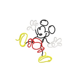 May include: Line art embroidery design of Mickey Mouse in red, yellow, black and white. The design is 4.5 inches tall.