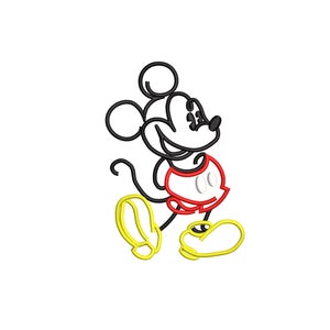 May include: Black and white outline of Mickey Mouse walking, wearing a red shirt with two white circles and yellow shoes. The image includes the text "5 sizes" and "3, 4, 5, 6, 7 inches".