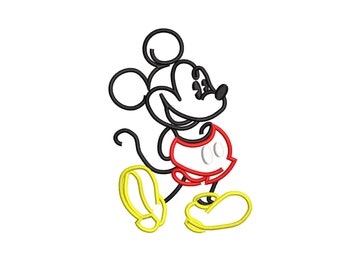 Peut inclure: Contour noir et blanc de Mickey Mouse marchant, portant une chemise rouge avec deux cercles blancs et des chaussures jaunes. L'image comprend le texte "5 tailles" et "3, 4, 5, 6, 7 pouces".