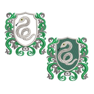May include: Two embroidery designs of the Hogwarts house Slytherin crest, featuring a green and silver shield with a snake, in two sizes: 4 and 5 inches. Both designs are available as applique and filled.