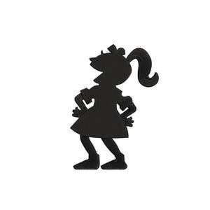 May include: Black embroidered silhouette of a girl with a ponytail, wearing a dress, with her hands on her hips. Text above reads "6 sizes" and below reads "2, 3, 4, 5, 6, 7 inches".