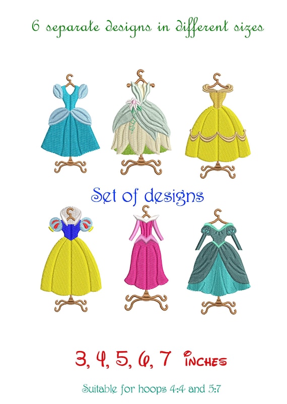 set of princess dresses Set of Designs, Princess Dresses on a Hanger. Ariel, Aurora, Snow White,  Cinderella, Belle, Tiana Dresses. Machine Embroidery Design File