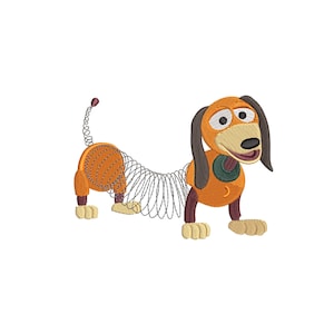 May include: Embroidered design of a cartoon dog with a springy tail. The dog is orange and brown with a green collar. The design is available in 5 sizes: 3, 4, 5, 6, and 7 inches.