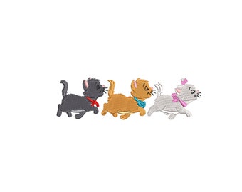 May include: Three embroidered kittens in a line, running. The kittens are black, orange, and white. The black kitten has a red bow, the orange kitten has a blue bow, and the white kitten has a pink bow. The text "4 sizes" is above the kittens and the text "4, 5, 6, 7 inches" is below the kittens.