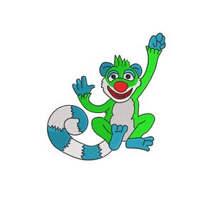 May include: An embroidered cartoon character in green, blue, and white, with a red nose and a smiling expression. The image includes the text "3 sizes" and "3, 4, 5 inches". The character is sitting with one arm raised and the other hand waving.