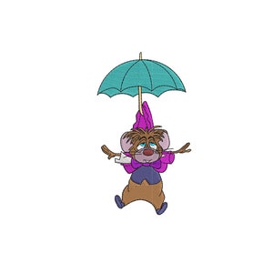 May include: Embroidered design of a brown mouse wearing a purple jacket and a blue bow tie, holding an umbrella. The mouse is floating in the air. The design is available in 4 sizes: 4, 5, 6, and 7 inches.