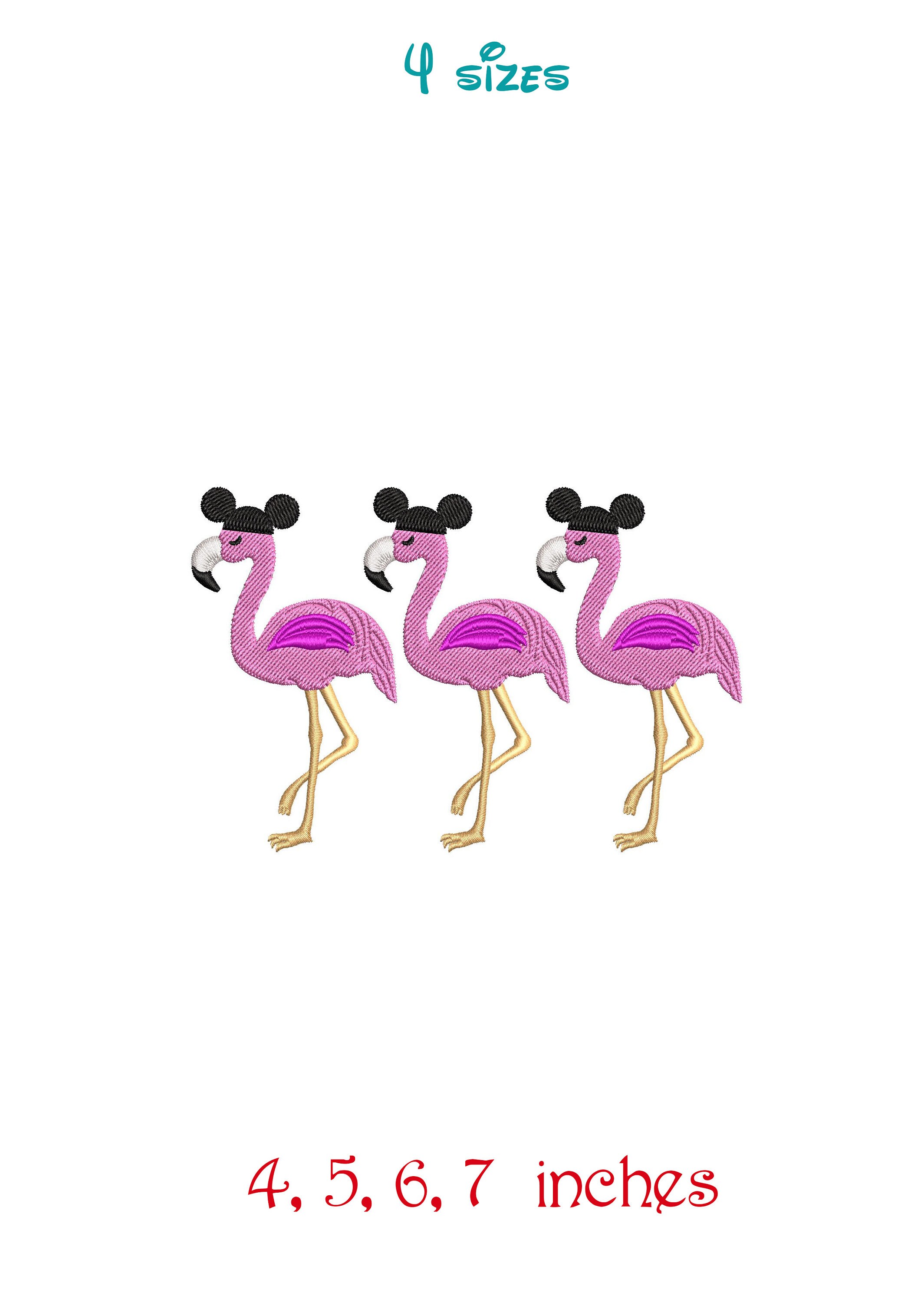 Disneyland inspired. Machine Embroidery Design. Happiest Place on Earth Flamingo Flock. Flamingos wearing mouse ears. Different sizes