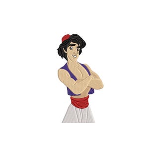 May include: Embroidered design of Aladdin from Disney's Aladdin. The design features Aladdin in his signature outfit with a red fez, purple vest, and white trousers. The design is available in four sizes: 4, 5, 6, and 7 inches.