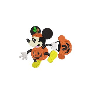 May include: An embroidered design of Mickey Mouse dressed as a pumpkin for Halloween. He is holding a pumpkin bucket and has a green leaf on his head. The design is available in 3 sizes: 3, 4, and 5 inches.
