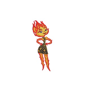 Puede incluir: Diseño bordado de un personaje de fuego con llamas amarillas y rojas, que lleva un vestido negro con detalles dorados. El diseño está disponible en cuatro tamaños: 4, 5, 6 y 7 pulgadas.
