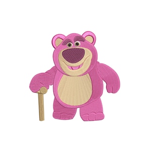 May include: Pink cartoon bear with a brown stick in its hand. The bear is smiling and has a brown nose. The image includes the text "3 sizes" and "3, 4, 5 inches".