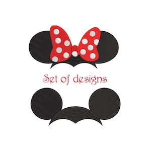 May include: Set of two embroidery designs featuring black mouse ears. One design includes a red bow with white polka dots. The designs are available in five sizes: 3, 4, 5, 6, and 7 inches. Suitable for hoops 4:4 and 5:7.