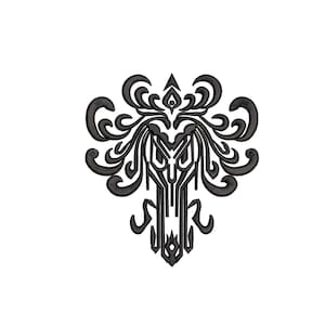 May include: Black and white embroidery design of a haunted mansion logo. The design is available in four sizes: 3, 4, 5, and 6 inches.